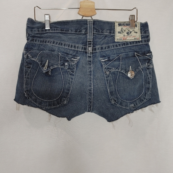 True Religion Ricky Cutoff Jeans Denim Micro Shorts Low Rise Flap Pocket Y2K 32 - Picture 3 of 9